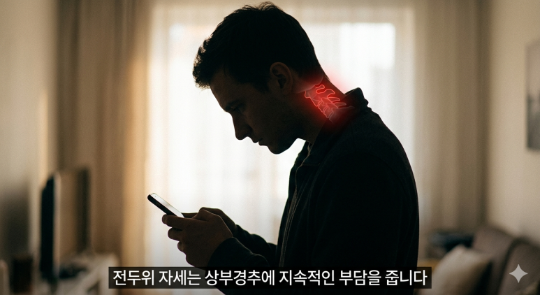 전두위 자세(거북목)는 상부경추에 지속적인 부담을 줍니다.