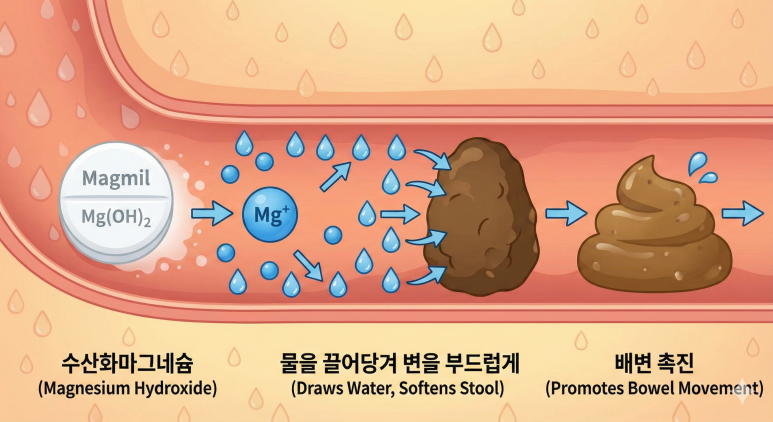 마그밀(수산화마그네슘)은 삼투압으로 장에 물을 끌어당겨 변을 부드럽게 만듭니다.