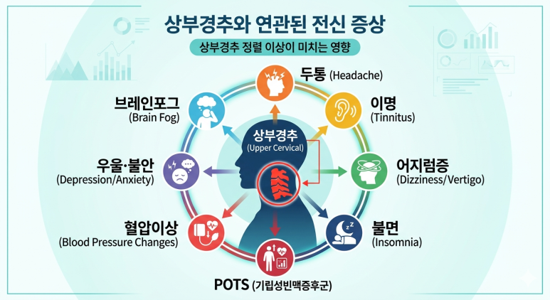 상부경추 정렬 이상이 미치는 전신 증상 — 두통·이명·어지럼증·불면·POTS·혈압이상·우울불안·브레인포그